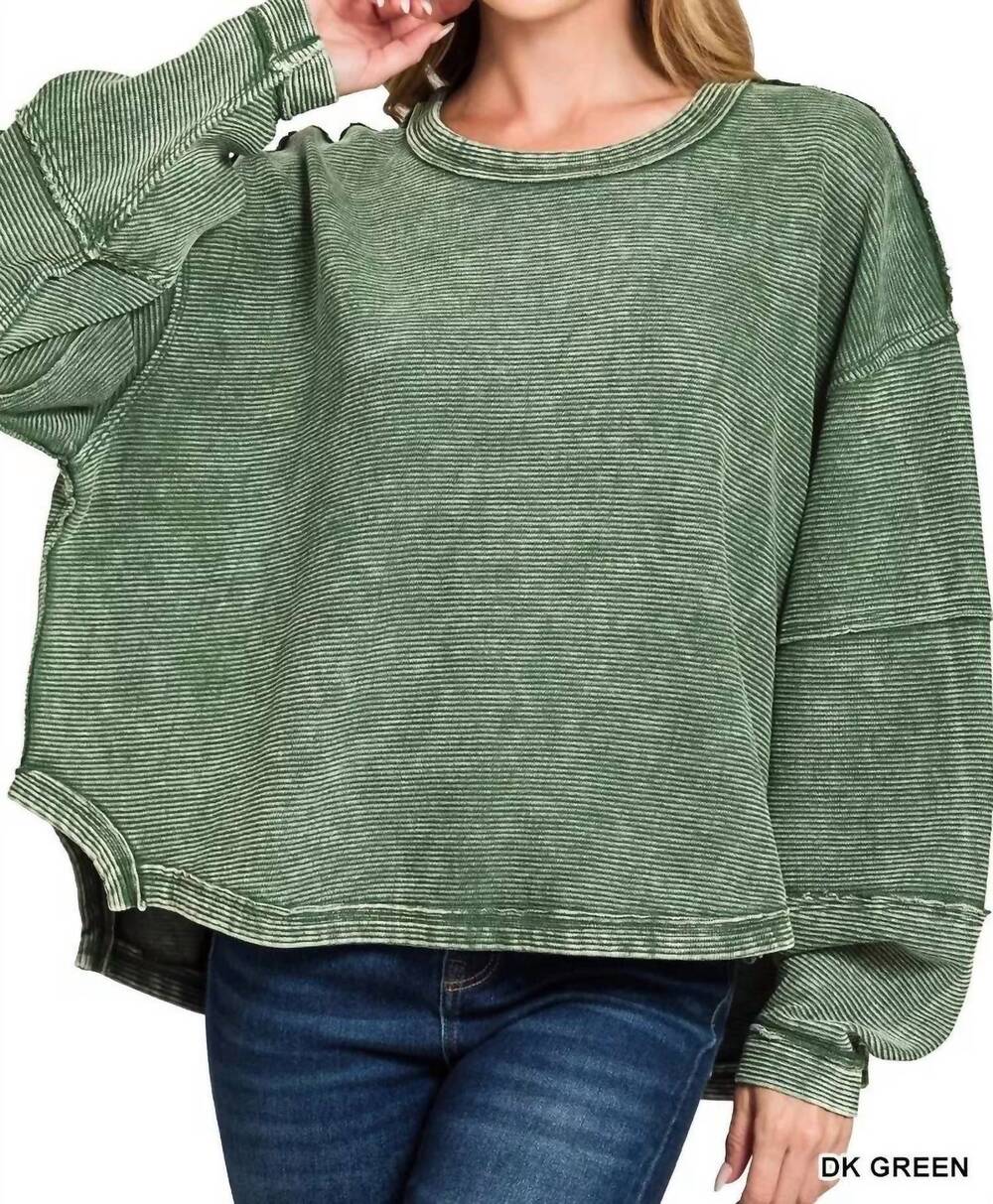 NEW ZENANA acid washed exposed-seam sweatshirt in dk green